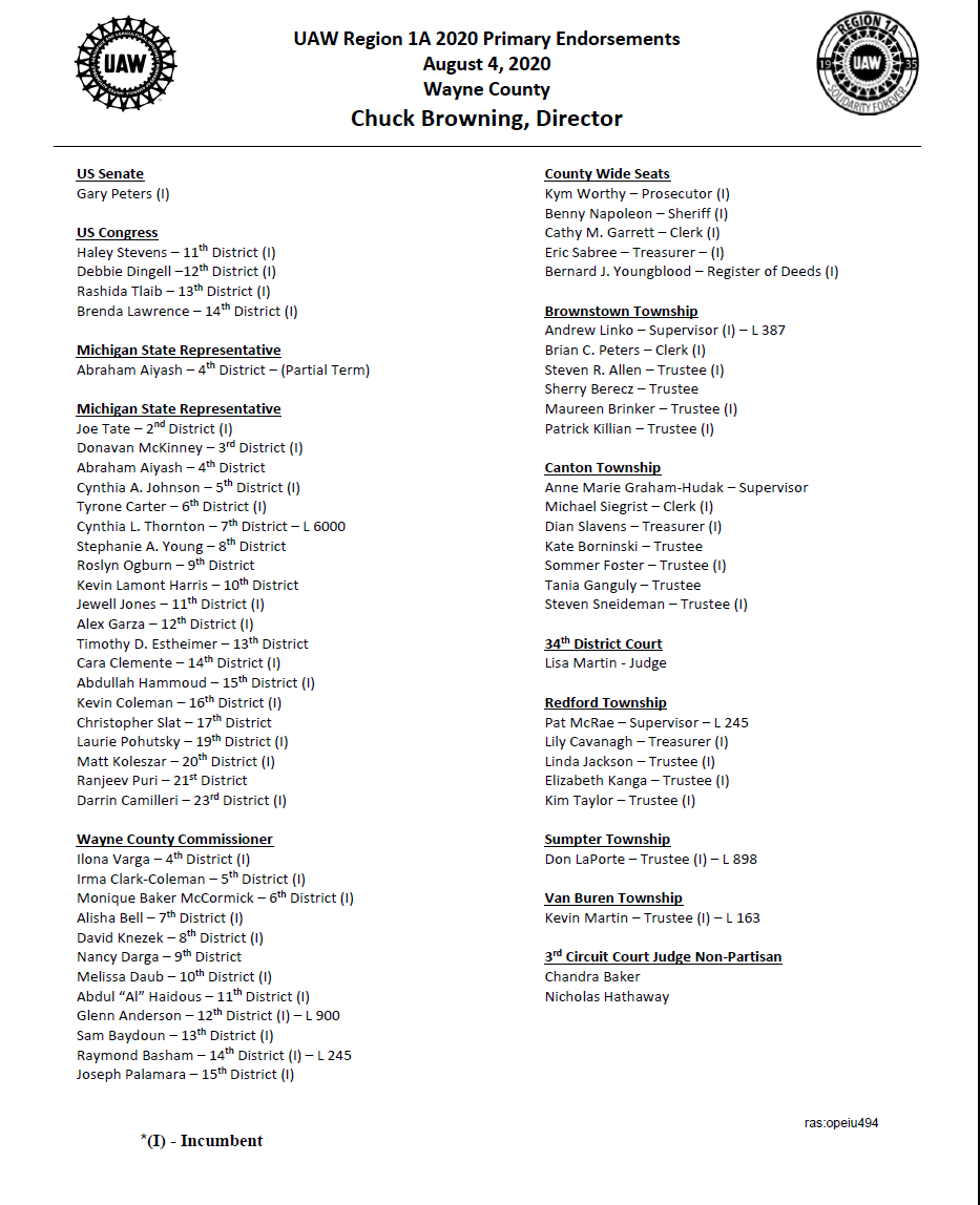 2020 Uaw Region 1a Primary Endorsements Wayne County Uaw Local 163