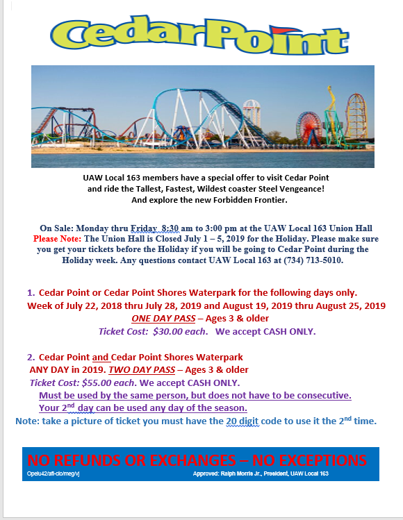Discounted Cedar Point Tickets UAW Local 163