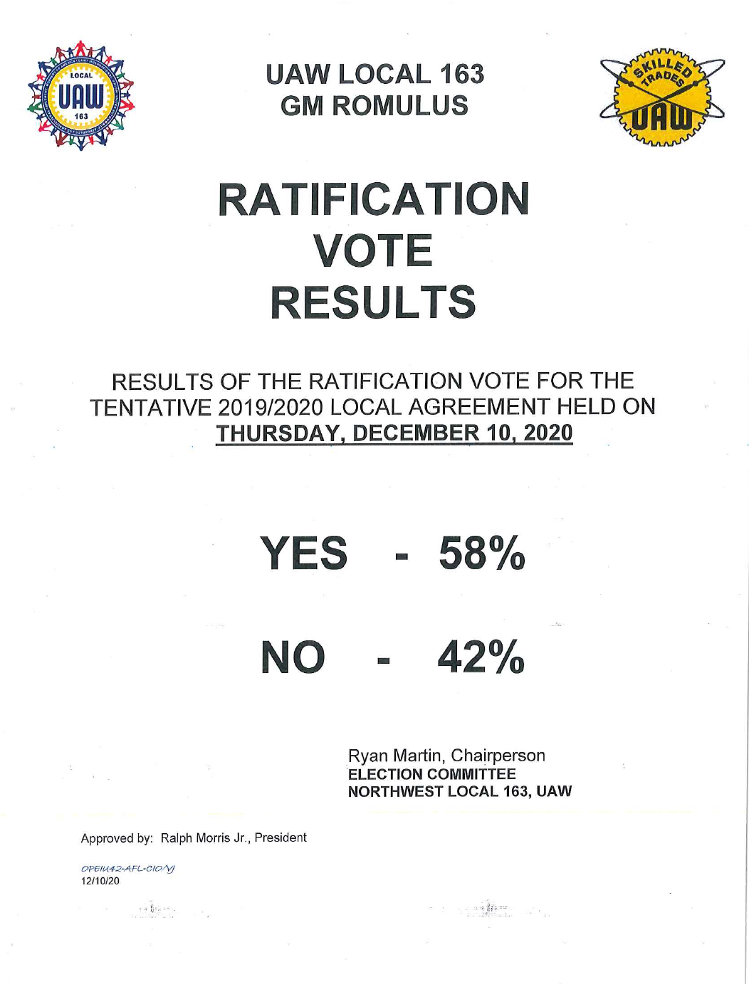 GM Romulus Local Contract Ratification Results UAW Local 163