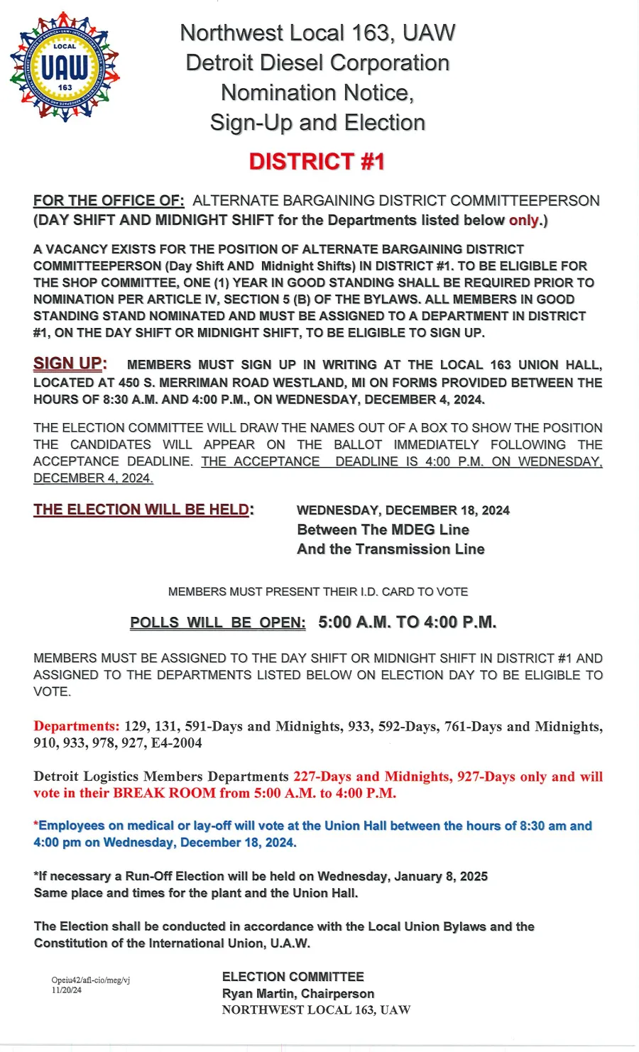 DISTRICT 1 ALTERNATE COMMITTEEPERSON ELECTION