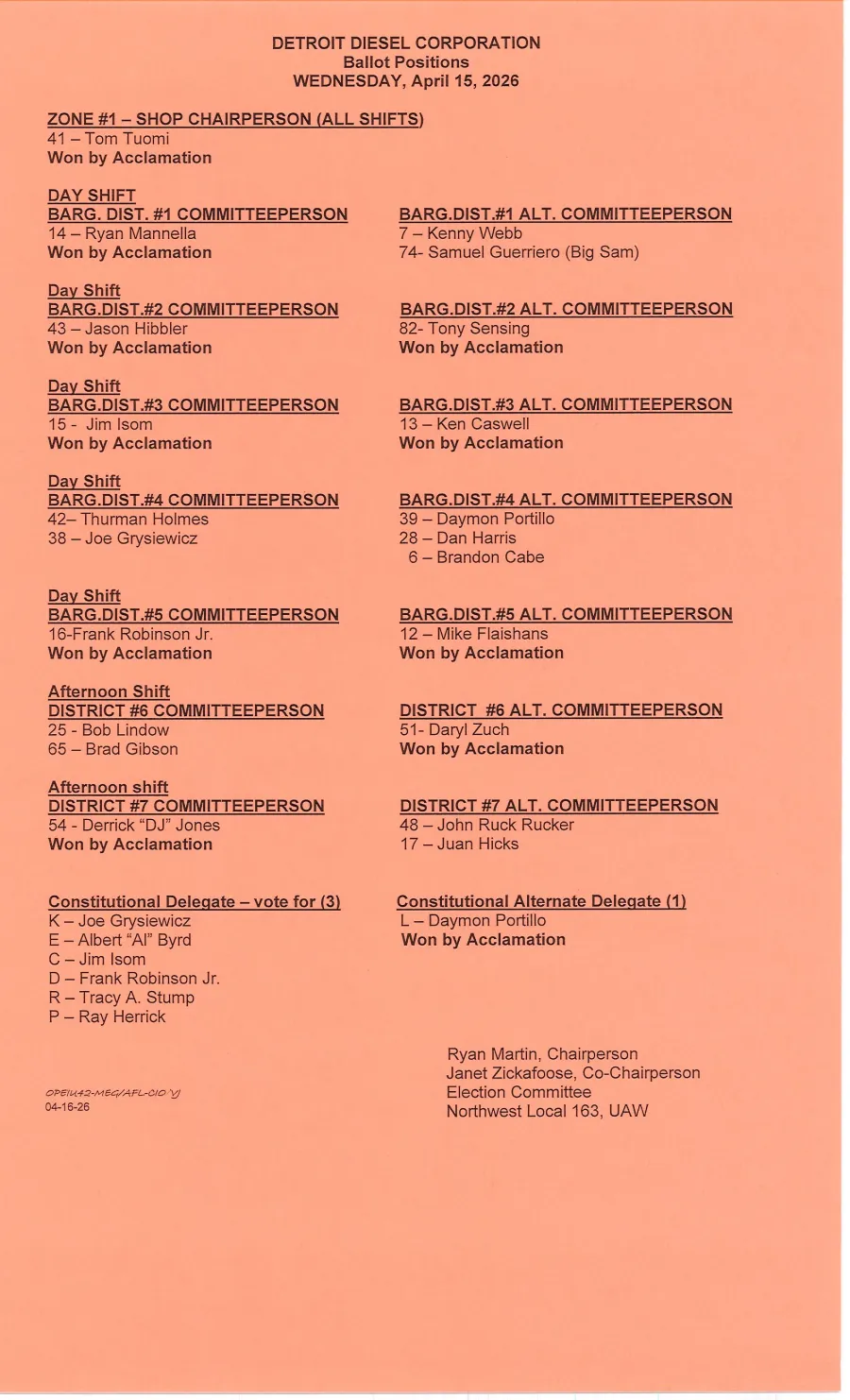 Detroit Diesel Ballot Positions