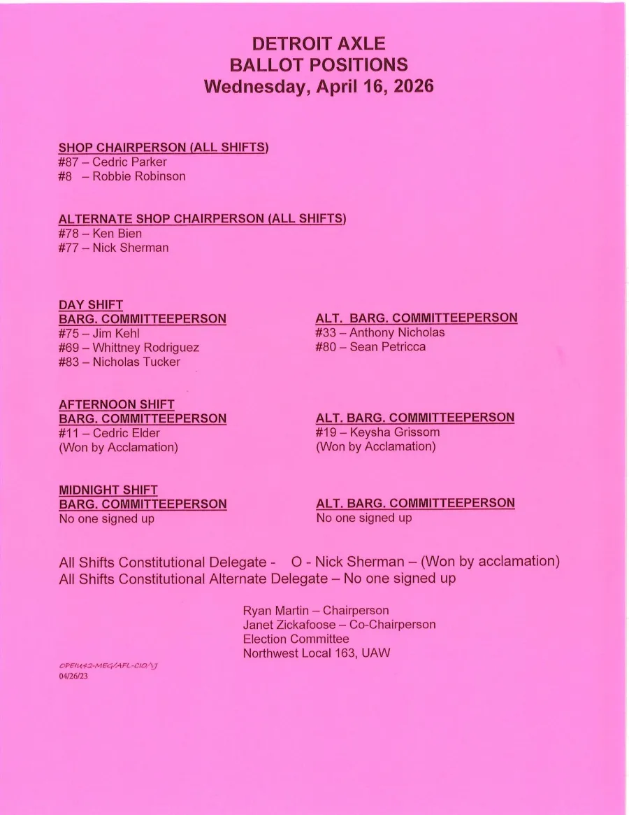 Detroit Axle Ballot Positions