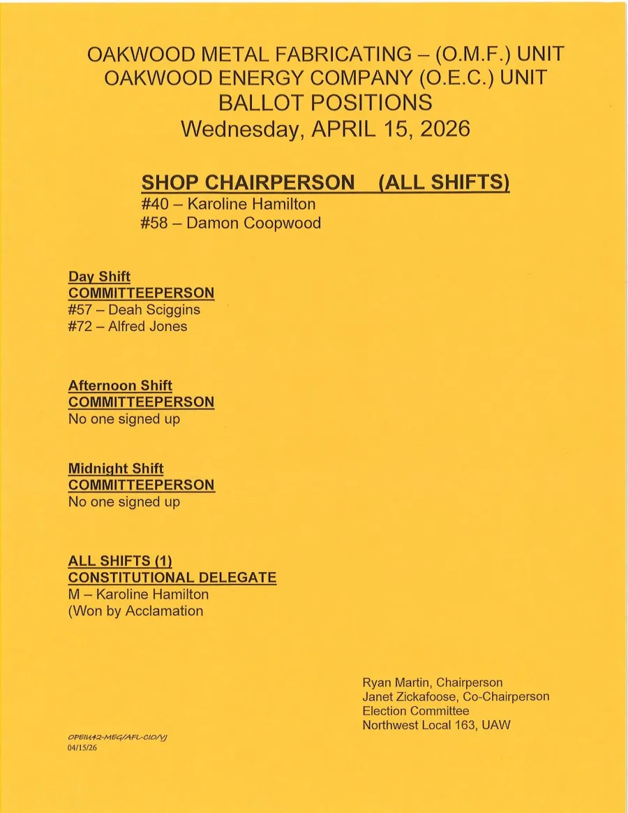 Oakwood OMF and OEC Ballot Positions